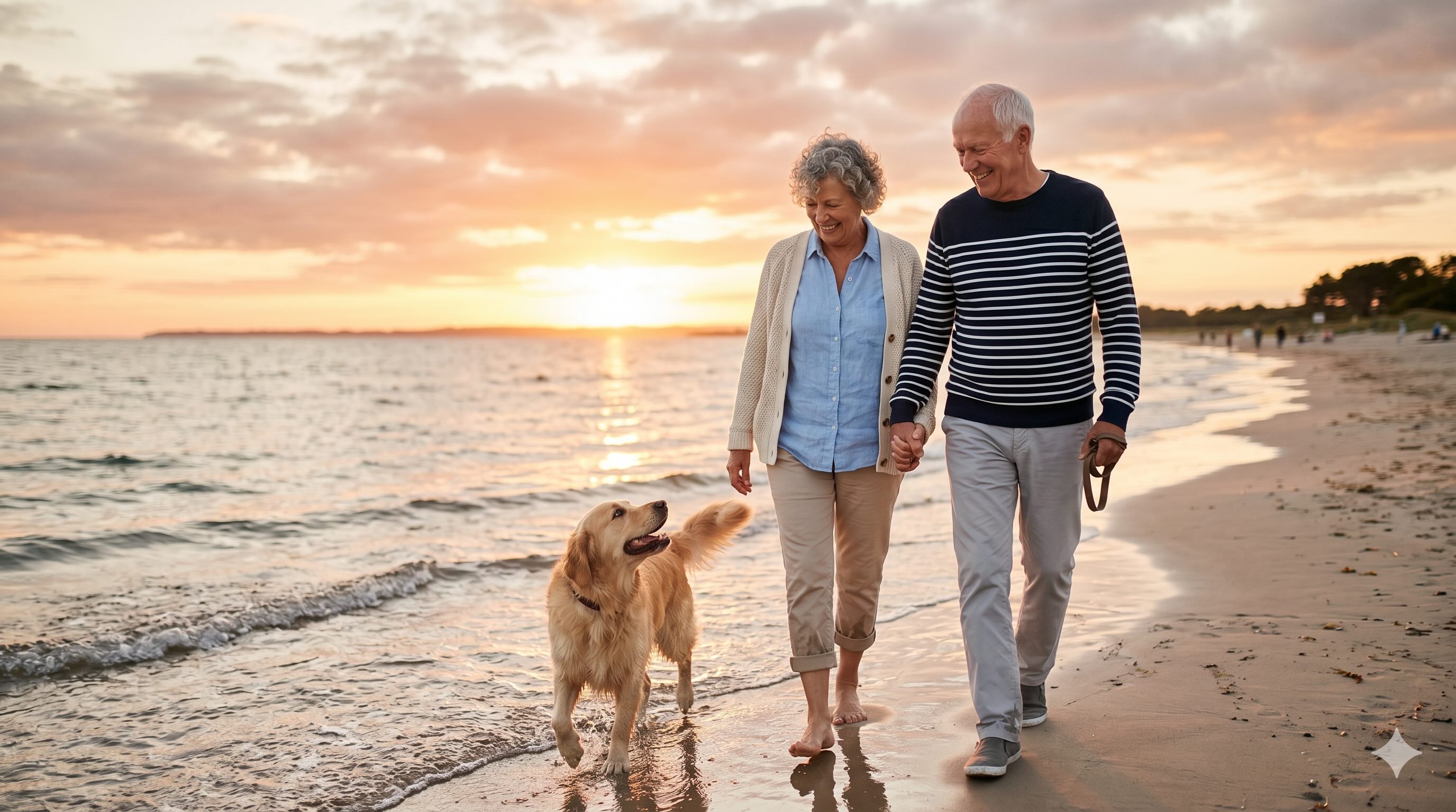 AI-generated pharma ad cliche of a retired couple walking a dog on a beach at sunset